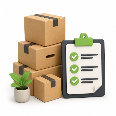 Packed boxes beside a completed collection checklist