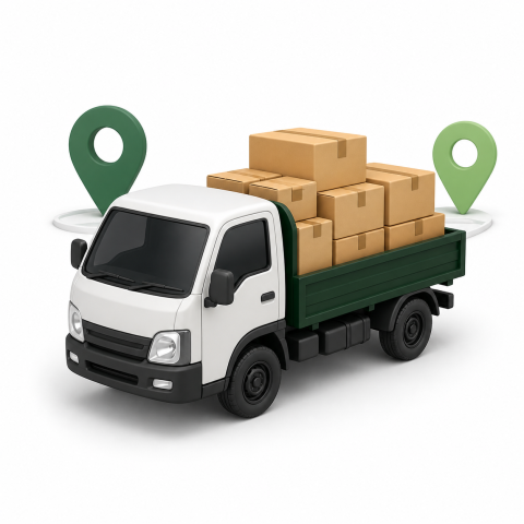 Freight truck carrying boxes along a mapped route