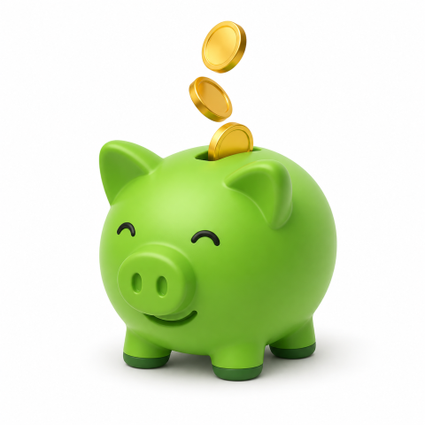 Green piggy bank receiving gold coins